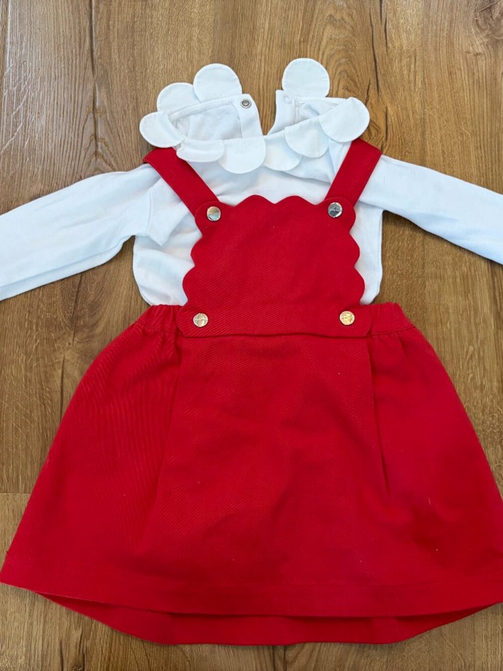 Jacadi Girls Red & White Outfit with Dress and Scalloped Shirt - 18 months